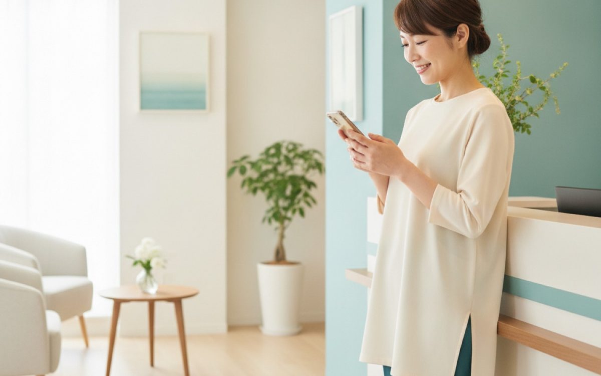 スマホで予約を確認する美容サロンのスタッフ